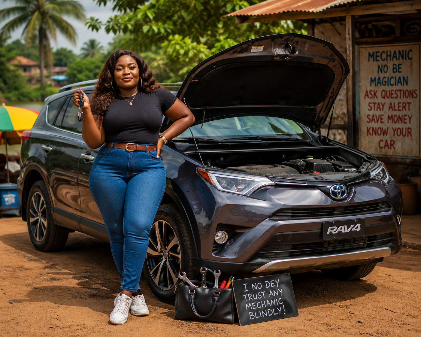 A Nigerian Woman stranded and waiting for The mechanic To Arrive.