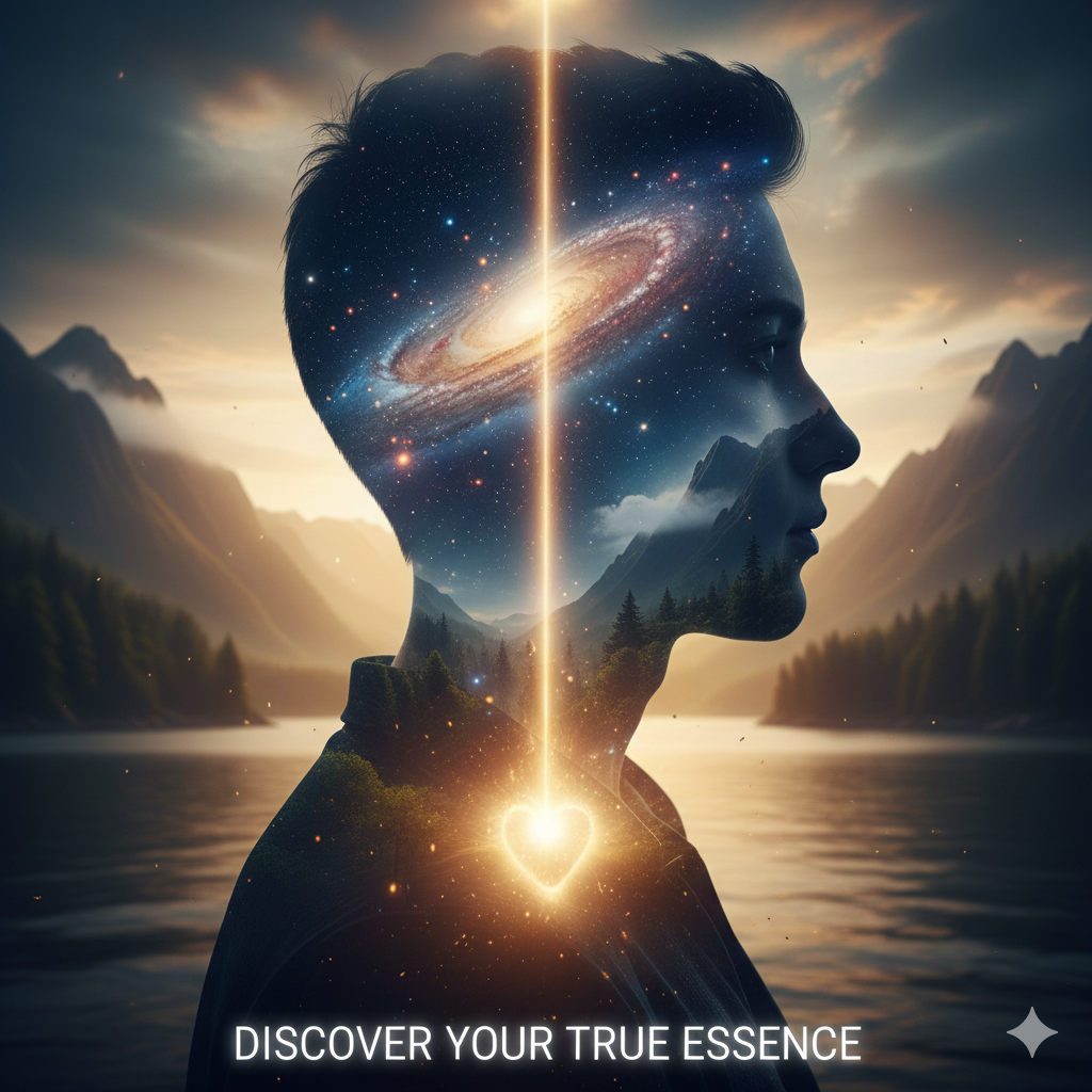 An open Bible on a wooden table with a glowing light and a silhouette of a human head rising from the pages, symbolizing spiritual self-discovery.