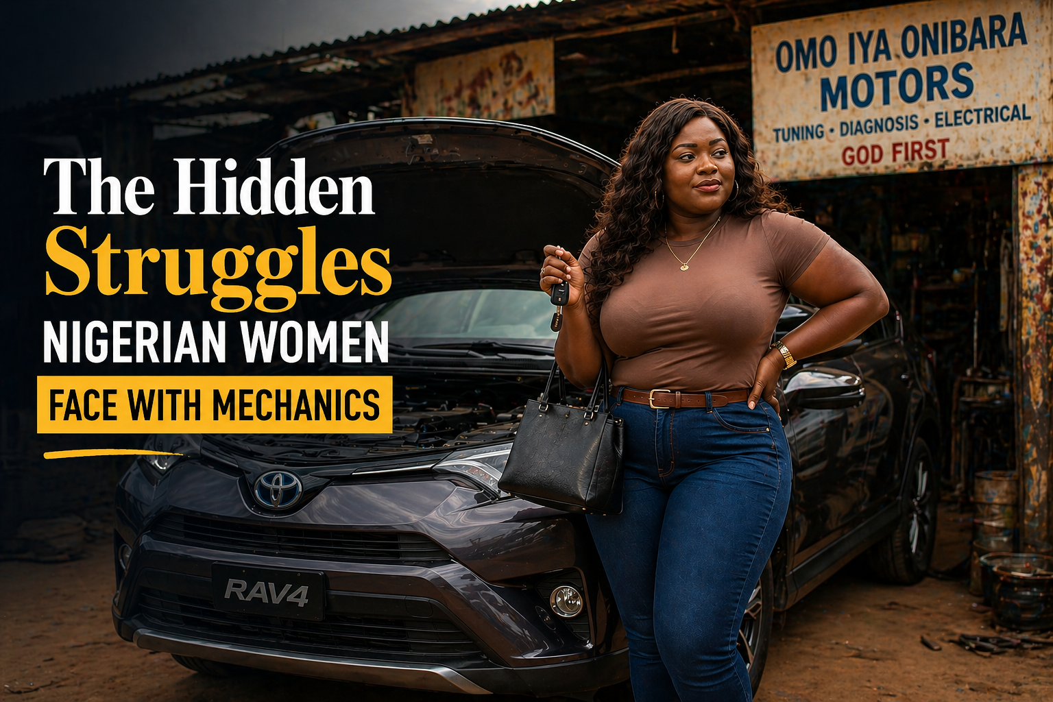 Nigerian woman standing beside a Toyota RAV4 while speaking with a mechanic at a roadside workshop.